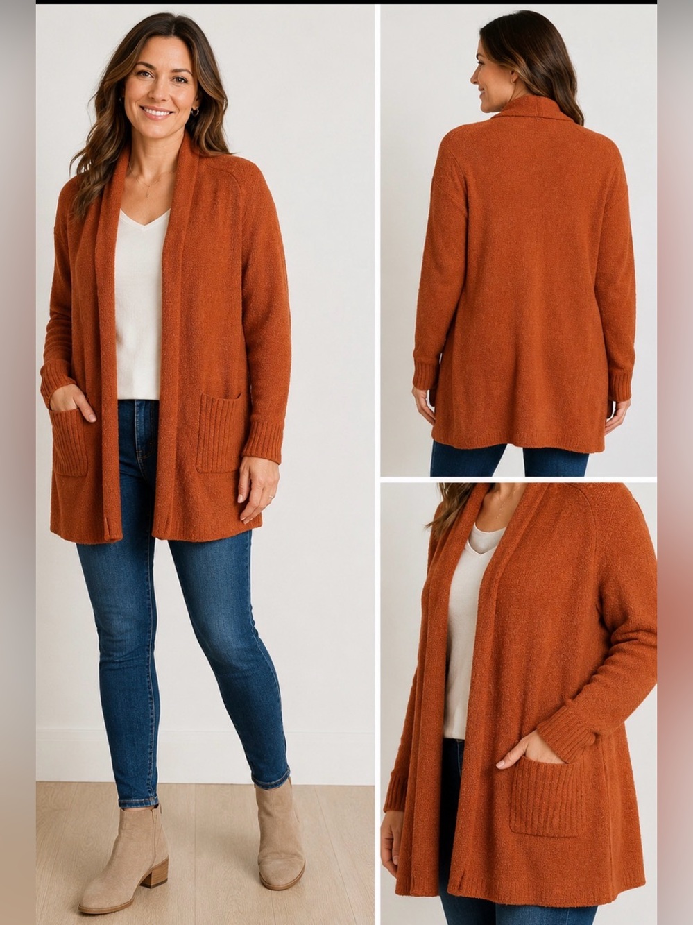 Nic + Zoe Women’s Large Rust Orange Open Front Cardigan Sweater Longline Pockets